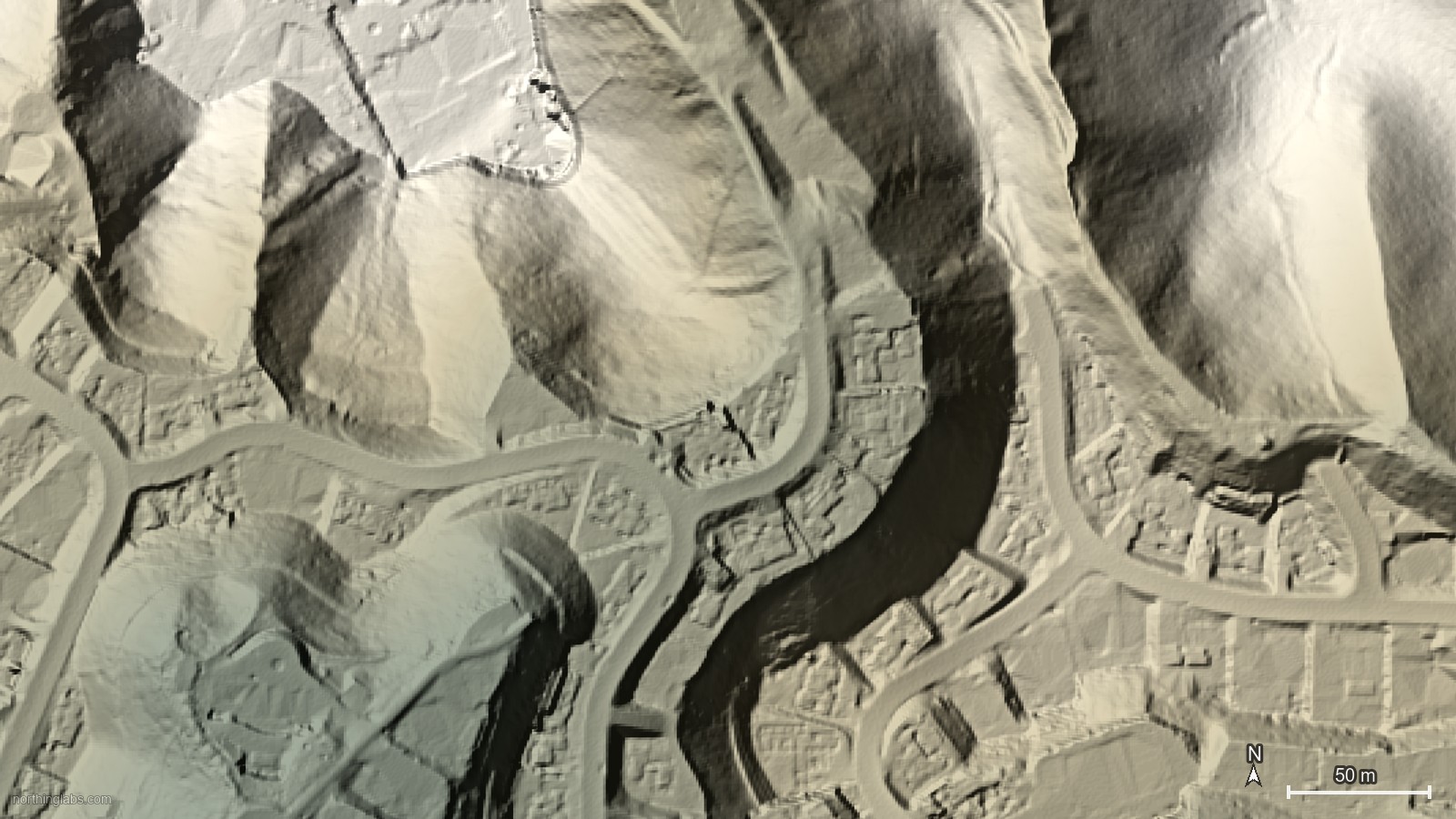 Lidar hillshade of Pacific Palisades, Los Angeles, California (detail)