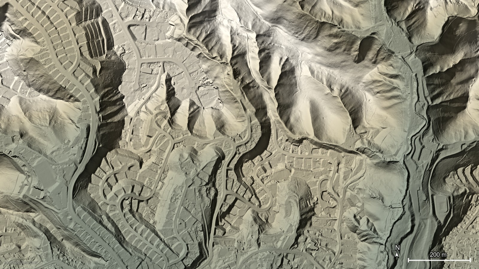 Lidar hillshade of Pacific Palisades, Los Angeles, California (feature)