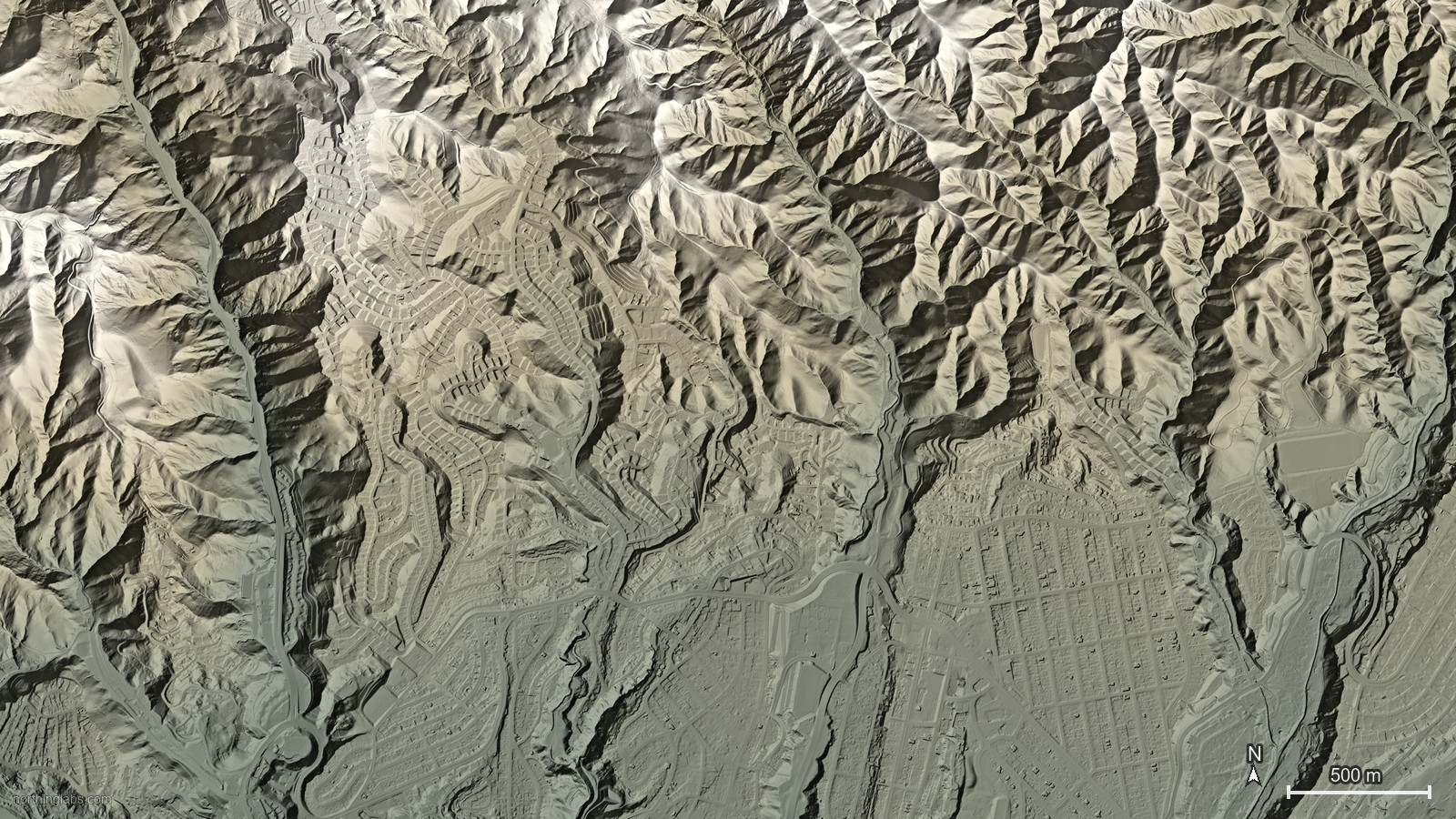 Lidar hillshade of Pacific Palisades, Los Angeles, California (wide)